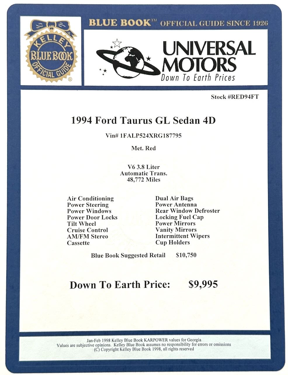 Kelley Blue Book window sticker