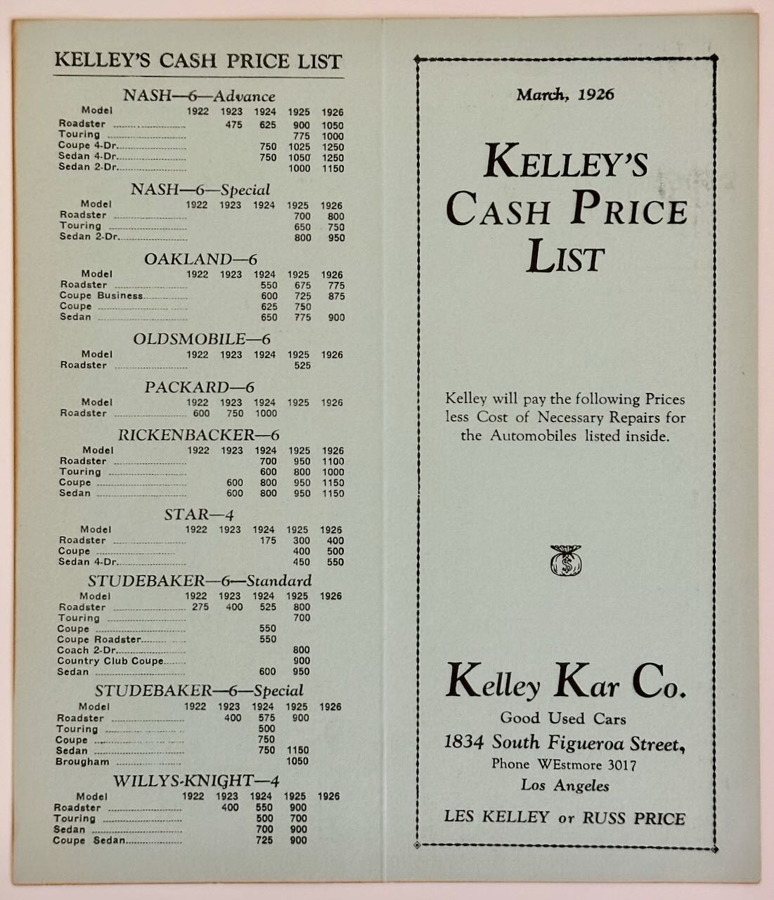 Kelleys cash price list 2026